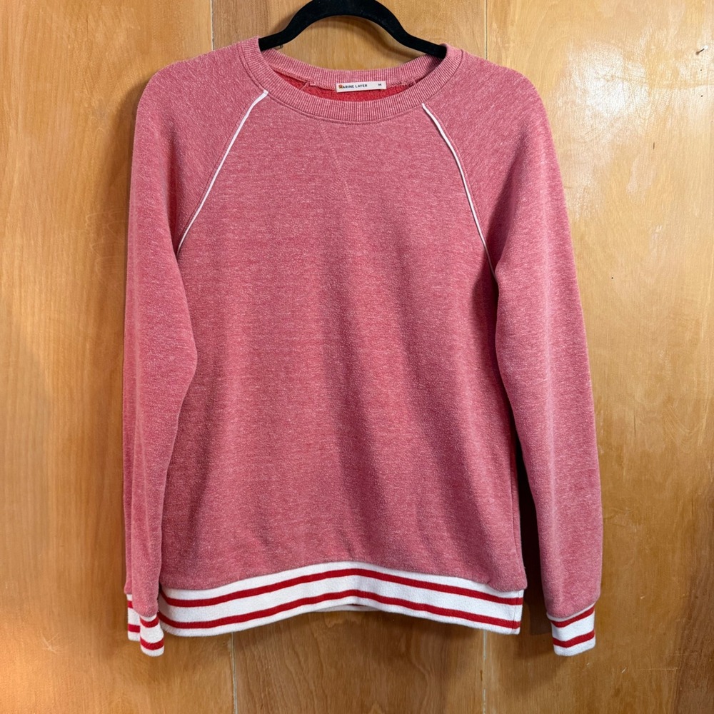 Marine Layer Womens Raglan Sweatshirt Red Heathered Striped Trim Medium